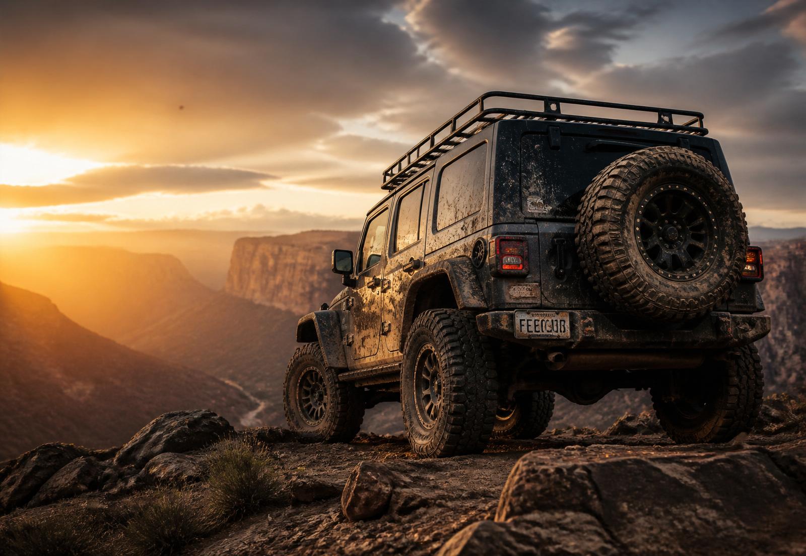 Muddy Jeep Wrangler on a mountain trail at golden hour